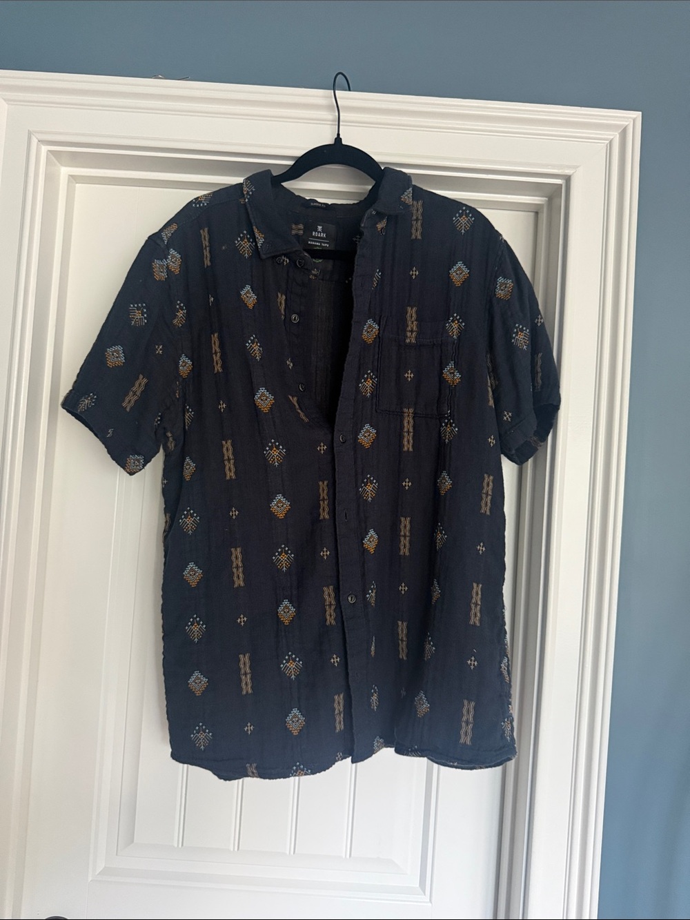 Roark Navy Short-Sleeve Button-Down with Tan & Light Blue Pattern